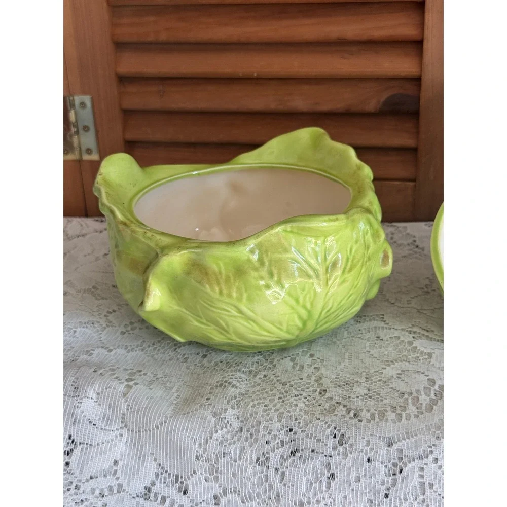 Vintage 1971 Mabel and Orval Kalb Ceramic Cabbage Tureen Green Leaf Lidded Bowl